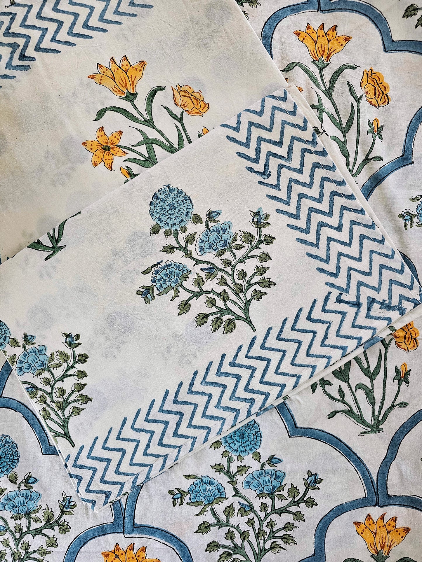 Blue & Yellow Floral Handmade Block Printed Bedsheet (Fitted)