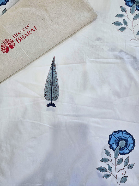 Blue Palm & Flower Block Printed Bedsheet (Fitted)