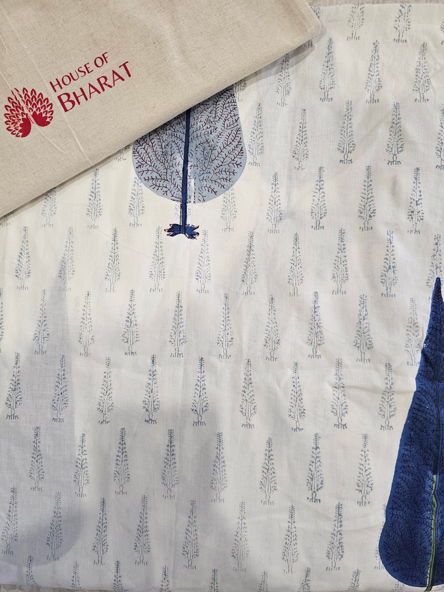 Blue Tree Ledge Handmade Block Printed Bedsheet (Fitted)