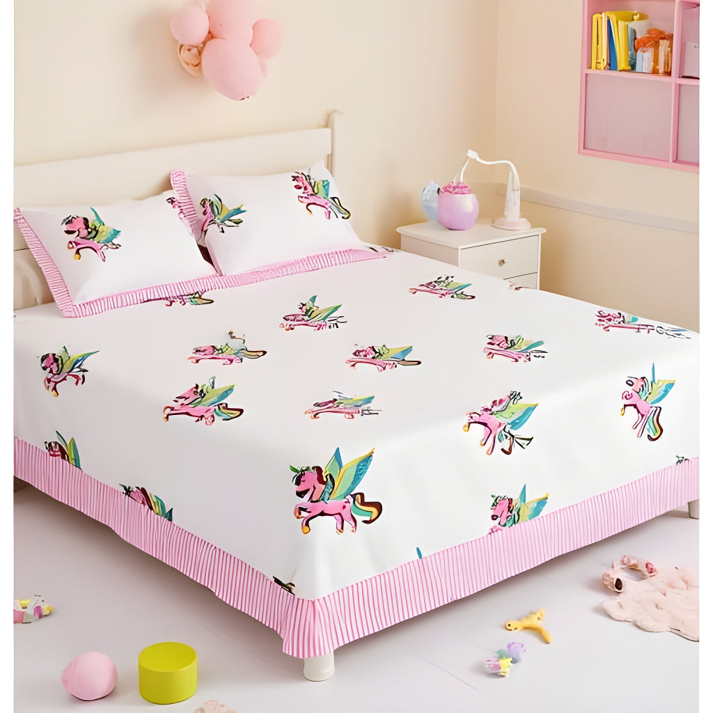 Handmade Block Printed Bedsheet (Unicorn)