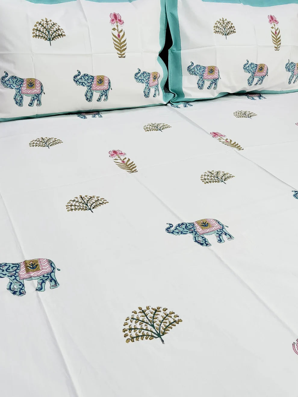 Traditional Elephant Block Printed Bedsheet (Fitted)