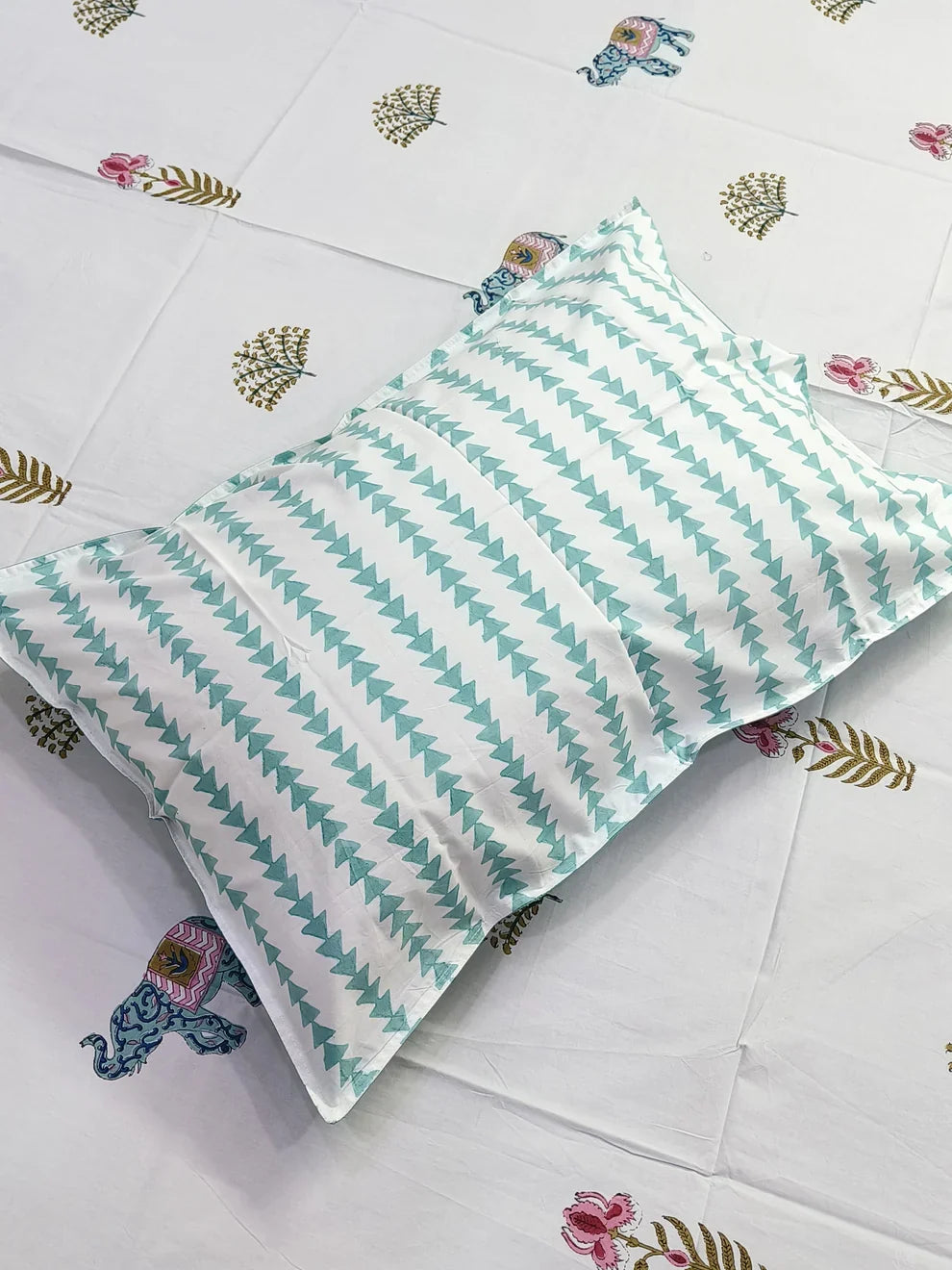 Traditional Elephant Block Printed Bedsheet (Fitted)