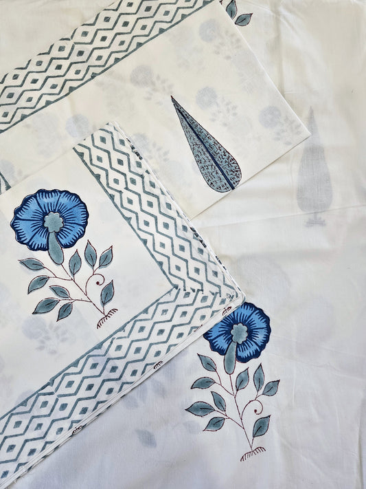 Blue Palm & Flower Block Printed Bedsheet (Fitted)