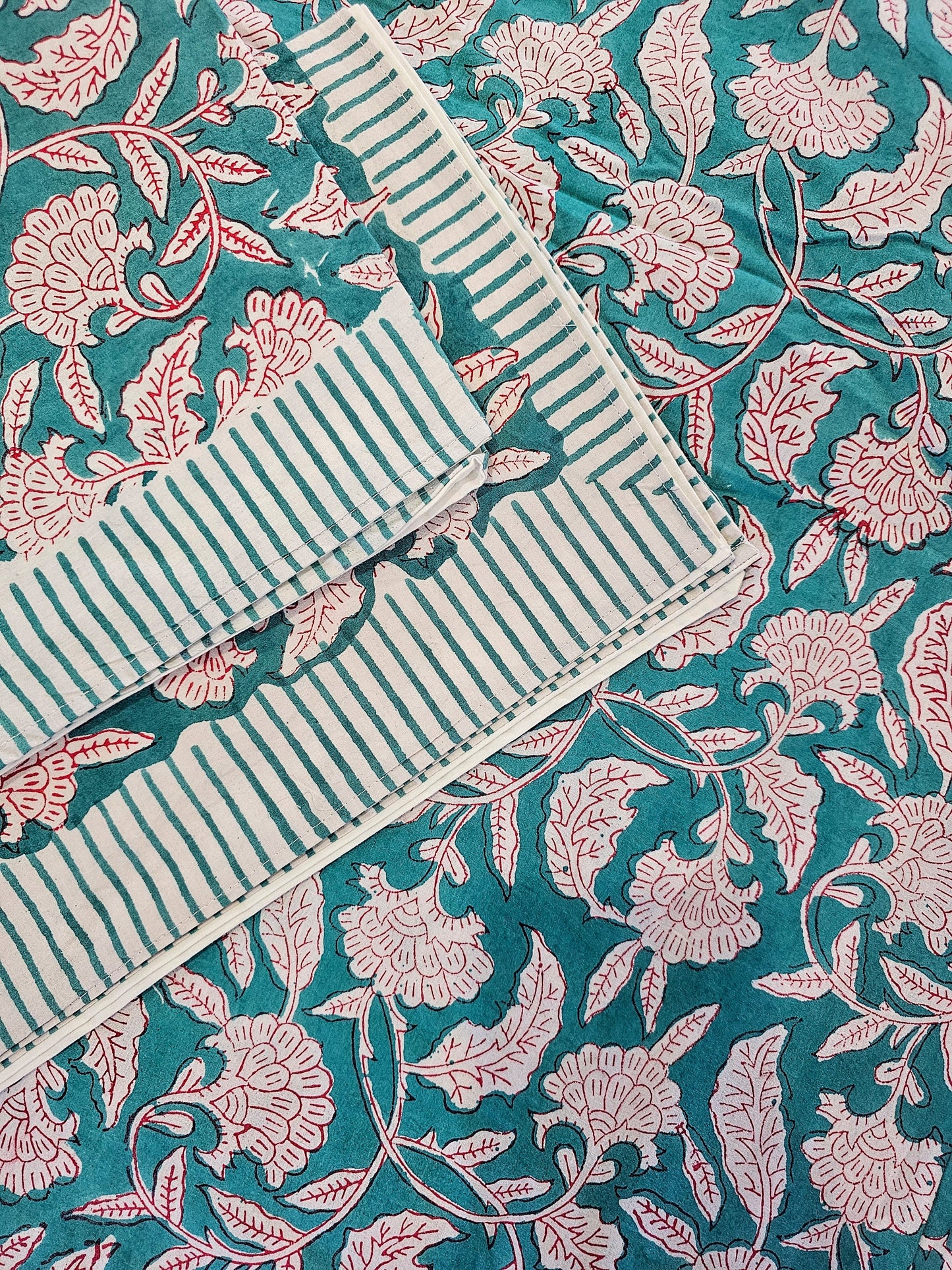 Turquoise Handmade Block Printed Bedsheet (Fitted)