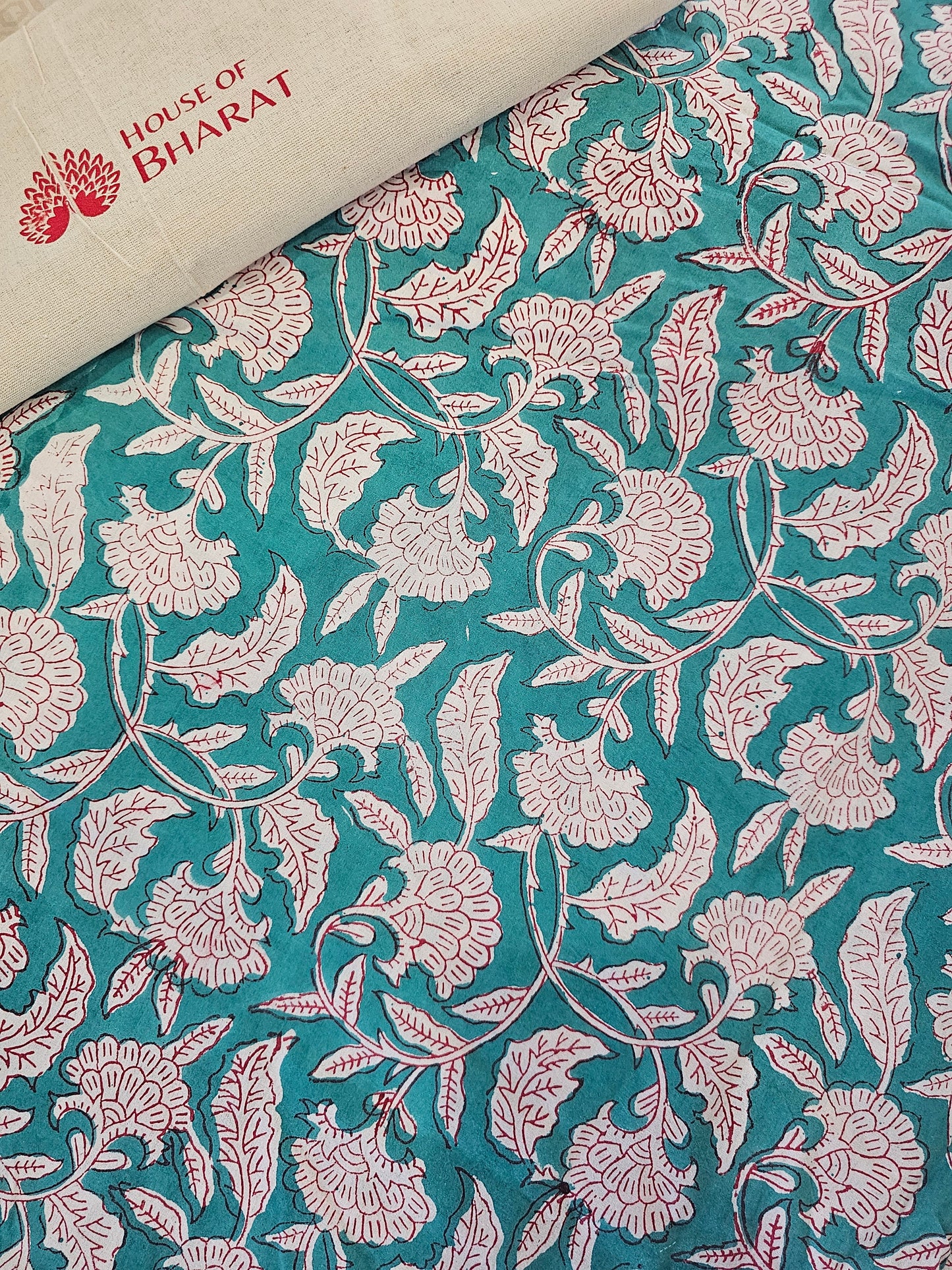 Turquoise Handmade Block Printed Bedsheet (Fitted)
