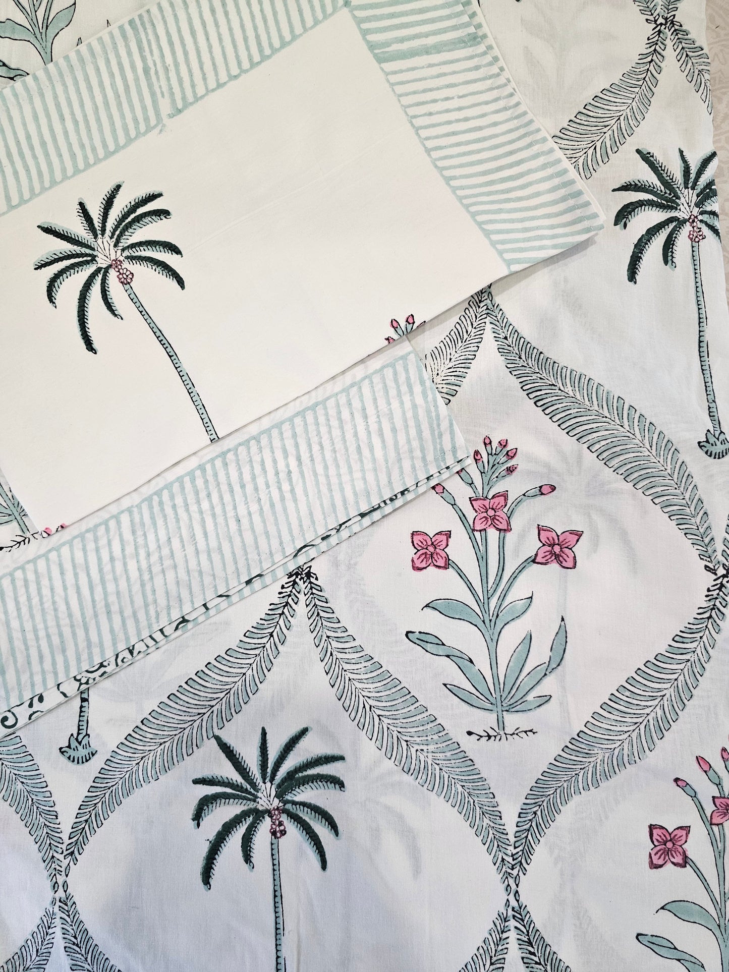 Palm Tree Block Printed Bedsheet (Fitted)