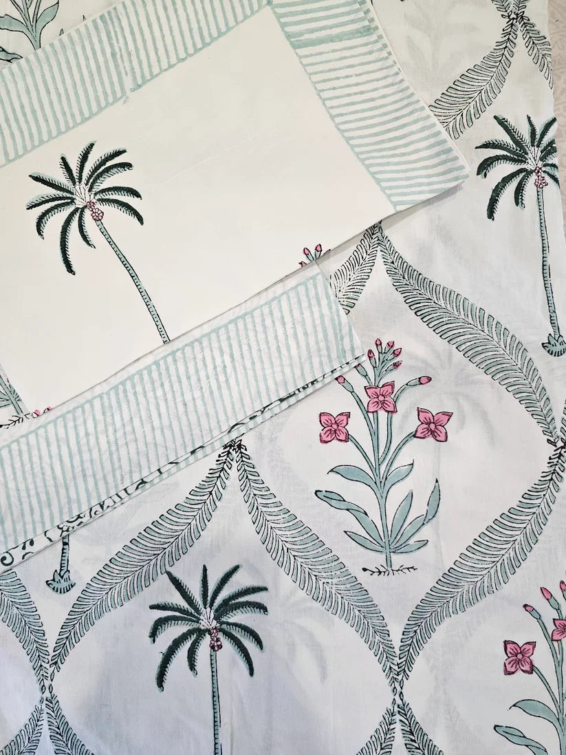 Palm Tree Block Printed Bedsheet (Fitted)