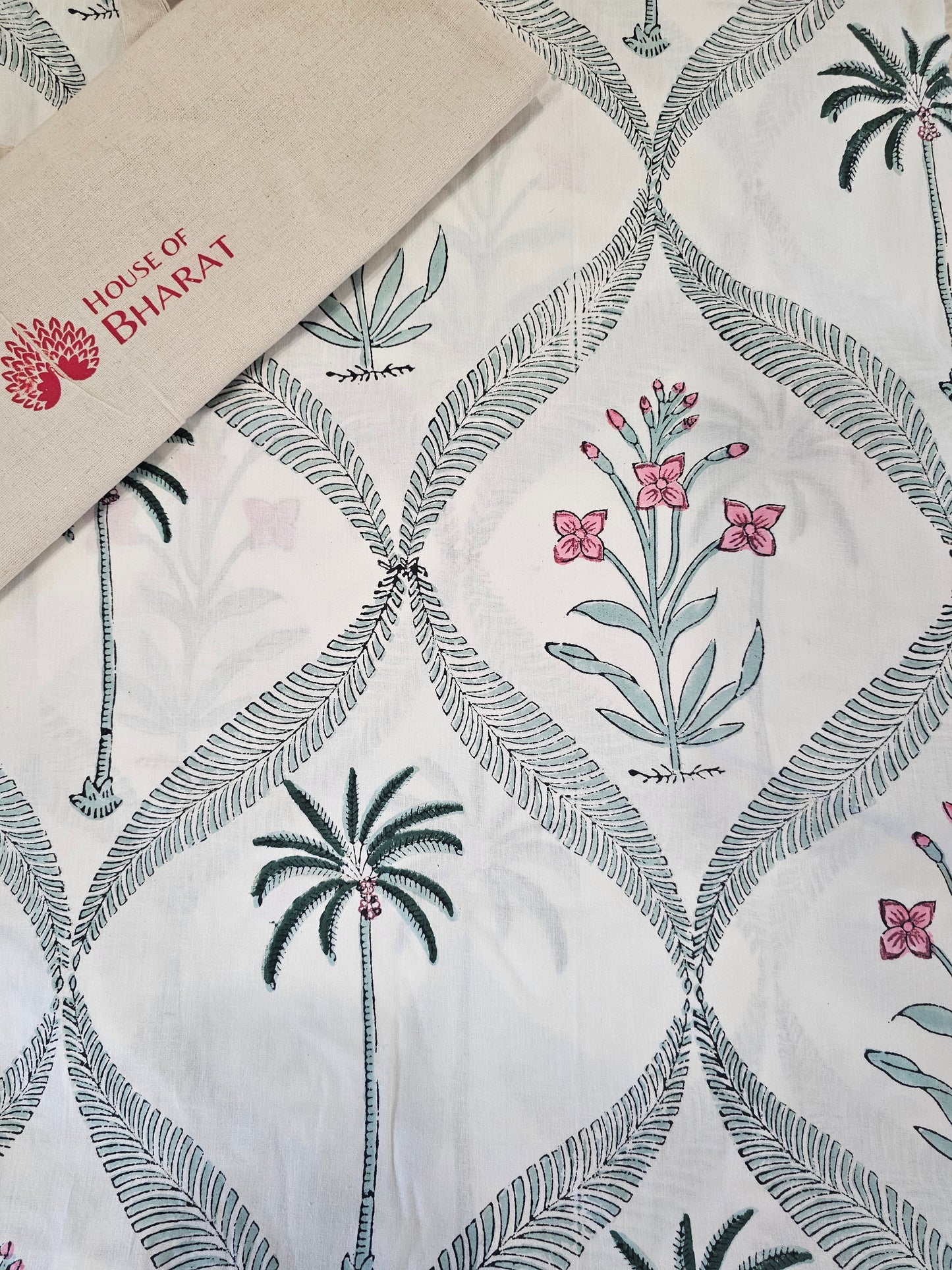 Palm Tree Block Printed Bedsheet (Fitted)