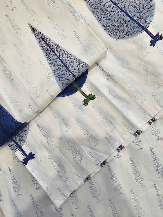 Blue Tree Ledge Handmade Block Printed Bedsheet (Fitted)