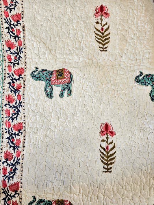 Handmade Block Printed Bed Cover (Elephant & Plants)