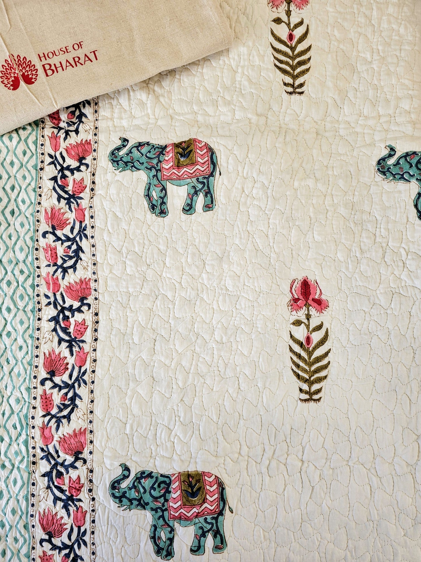 Handmade Block Printed Bed Cover (Elephant & Plants)