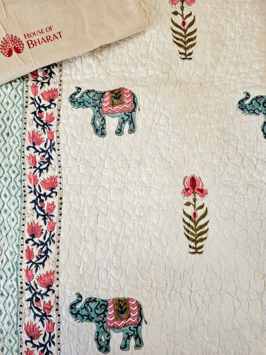 Handmade Block Printed Bed Cover (Elephant & Plants)