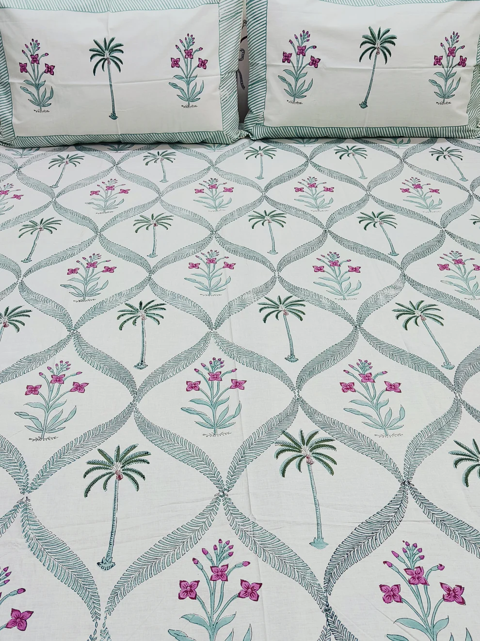 Palm Tree Block Printed Bedsheet (Fitted)