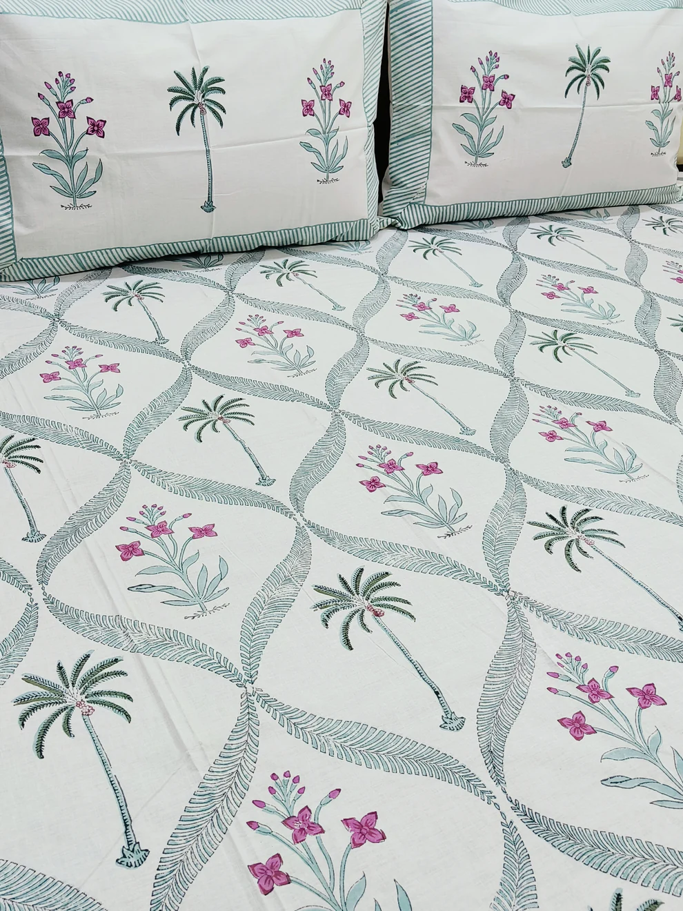 Palm Tree Block Printed Bedsheet (Fitted)