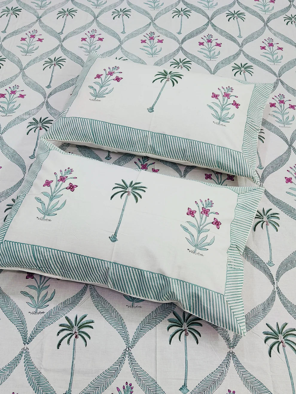 Palm Tree Block Printed Bedsheet (Fitted)