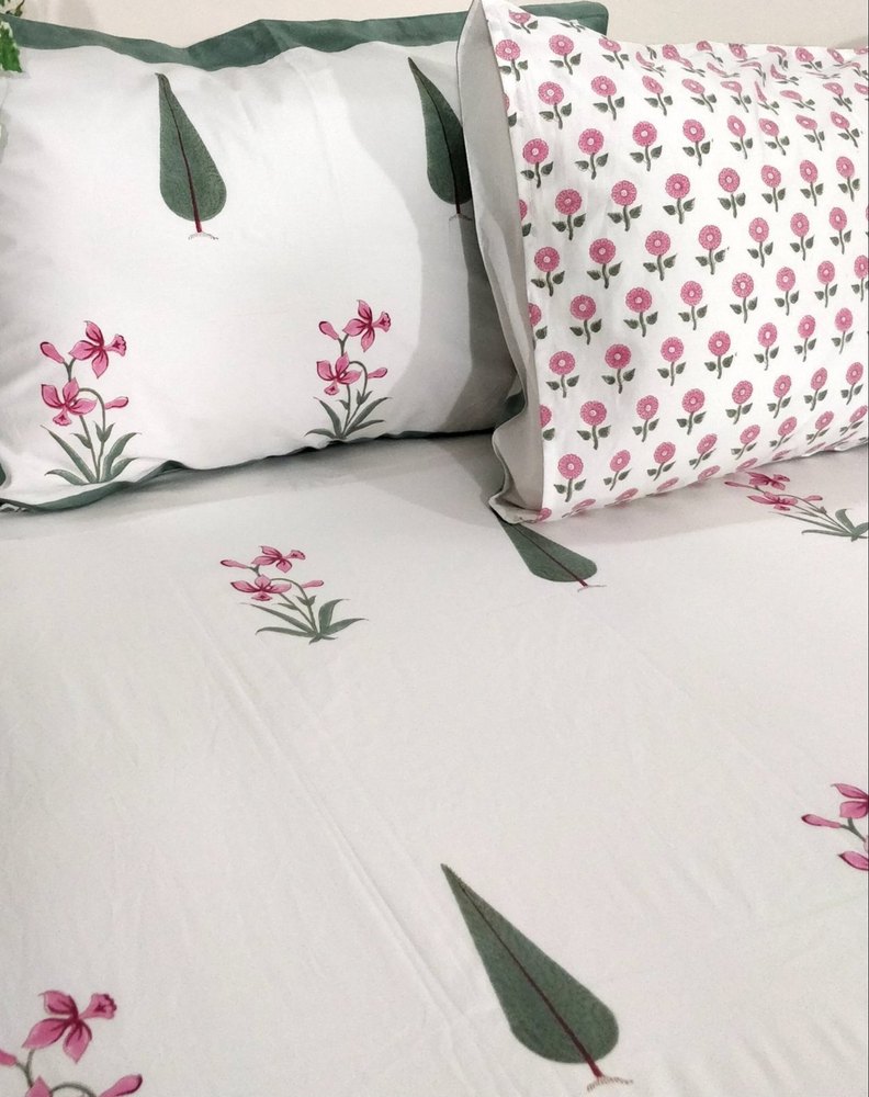 Palm Tree Floral Handmade Block Printed Bedsheet (Fitted)