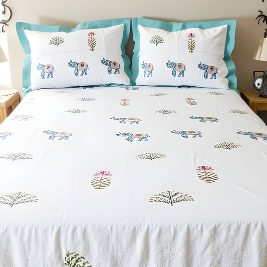 Traditional Elephant Block Printed Bedsheet (Fitted)