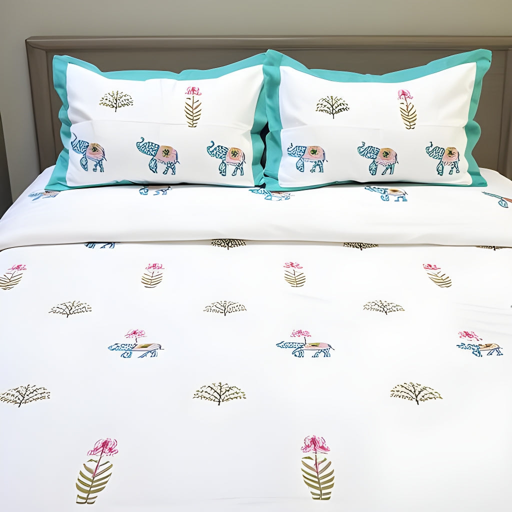 Traditional Elephant Block Printed Bedsheet (Fitted)