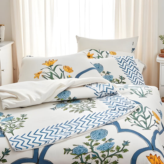 Blue & Yellow Floral Handmade Block Printed Bedsheet (Fitted)