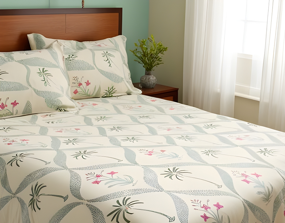 Palm Tree Block Printed Bedsheet (Fitted)