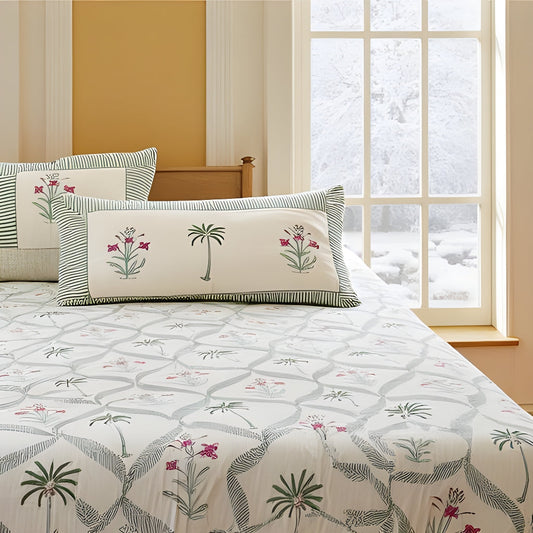 Palm Tree Block Printed Bedsheet (Fitted)