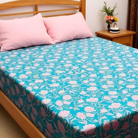 Turquoise Handmade Block Printed Bedsheet (Fitted)