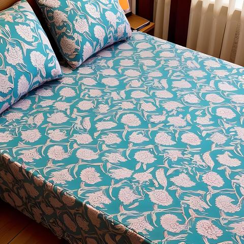 Turquoise Handmade Block Printed Bedsheet (Fitted)